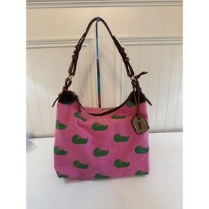 Dooney and Bourke Pink Canvas Green Duck Shoulder Purse READ